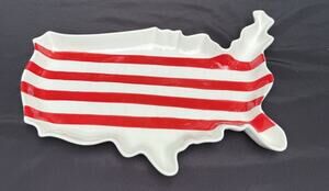 United States USA Shaped White & Red Ceramic Platter TRANSPAC EUC